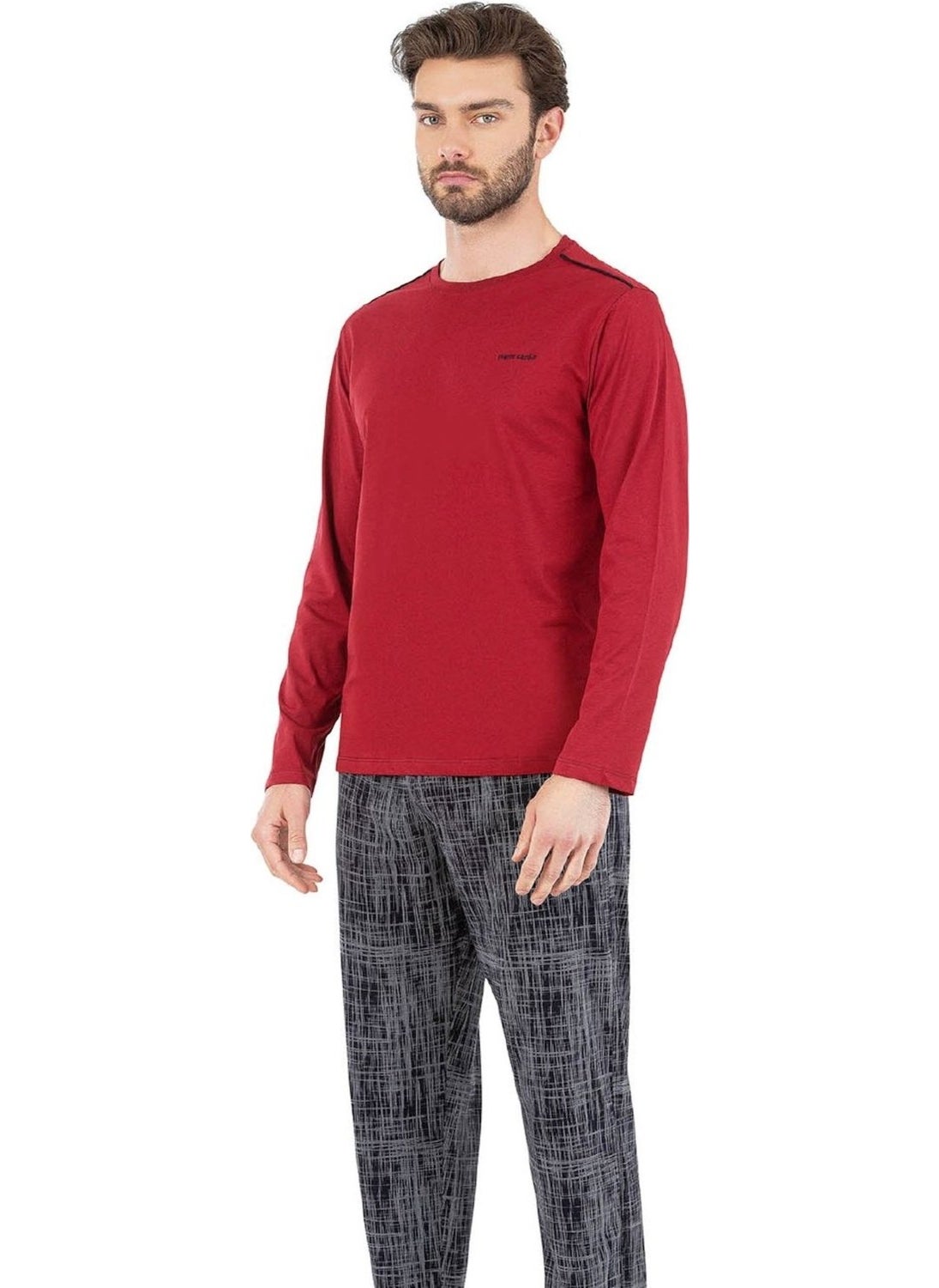 6065 Men's Claret Red Long Sleeve Round Neck Pajama Set