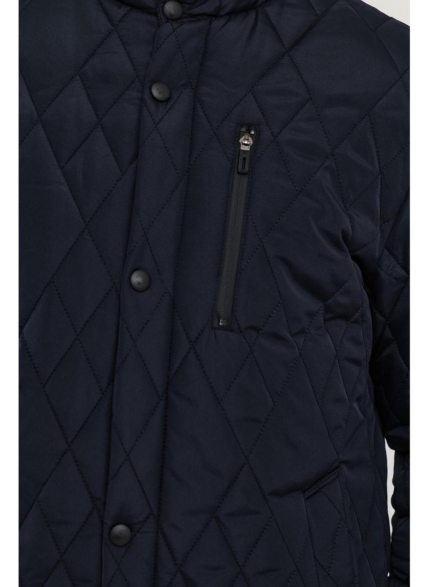 Men's Navy Blue Standard Fit Regular Cut Fur Lined Stand-up Collar Snap-Front Padded Patterned Overcoat