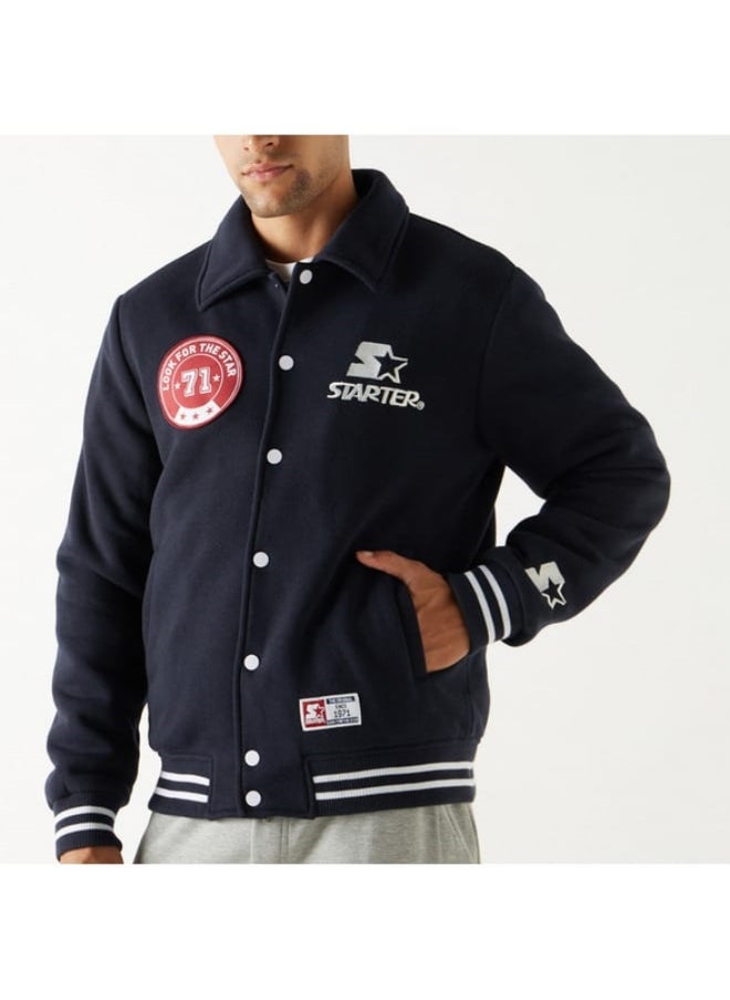 Starter Logo Detail Button Up Varsity Jacket with Long Sleeves