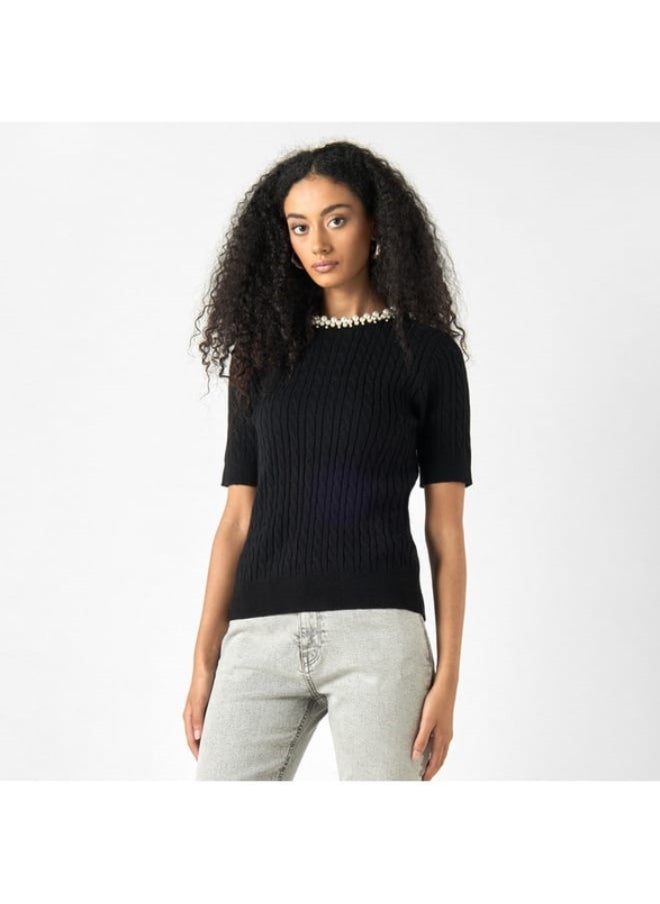 2Xtremz Pearl Embellished Sweater with Short Sleeves