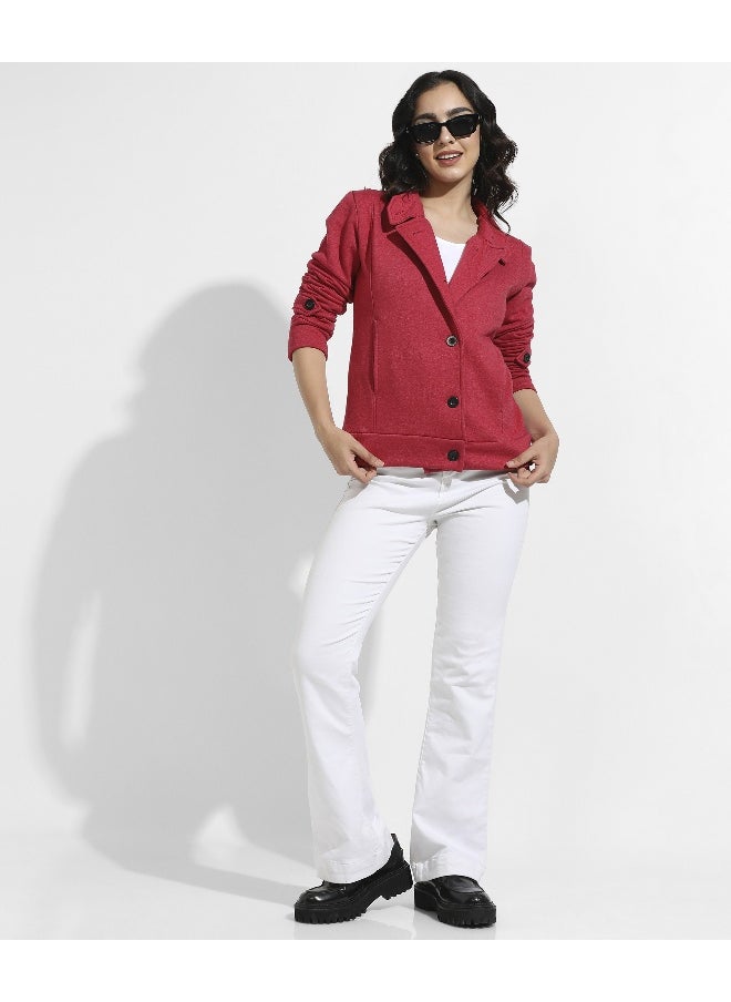 Women's Red Single-Breasted Jacket With Angled Open Pockets