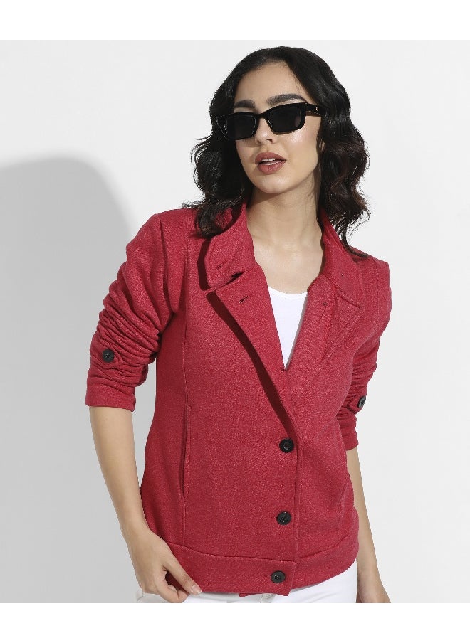 Women's Red Single-Breasted Jacket With Angled Open Pockets