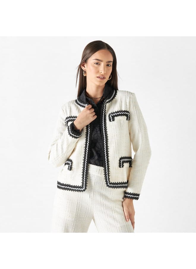 Iconic Textured Open Front Jacket with Long Sleeves