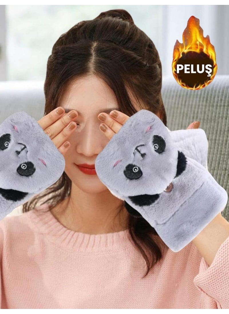 Children's Cute Panda Half Finger Covered Winter Plush Gloves