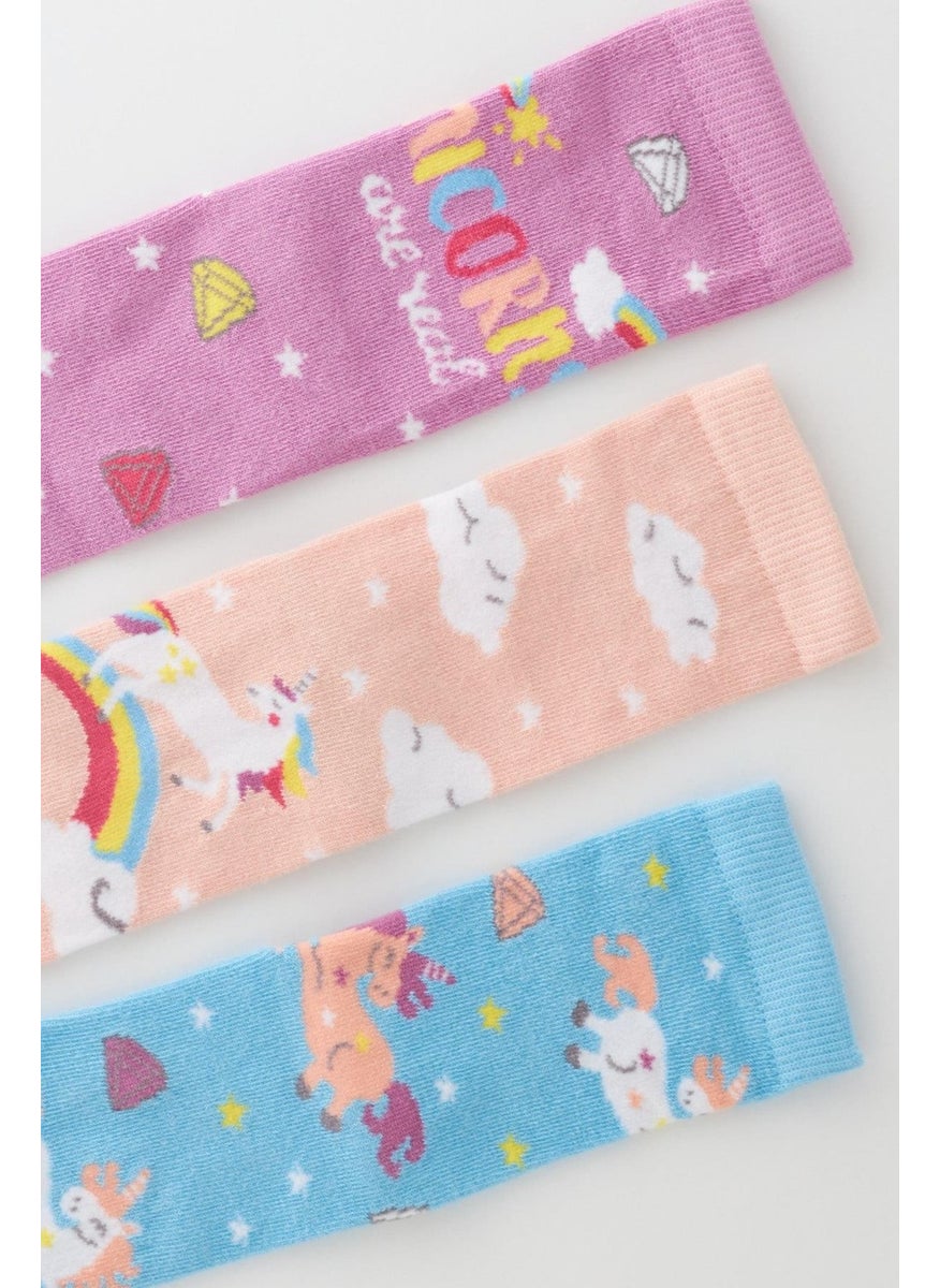 Girl's Unicorn Patterned 3-Piece Boxed Socks