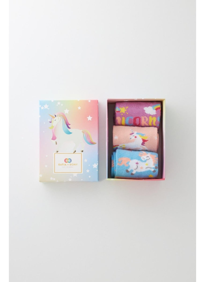 Girl's Unicorn Patterned 3-Piece Boxed Socks