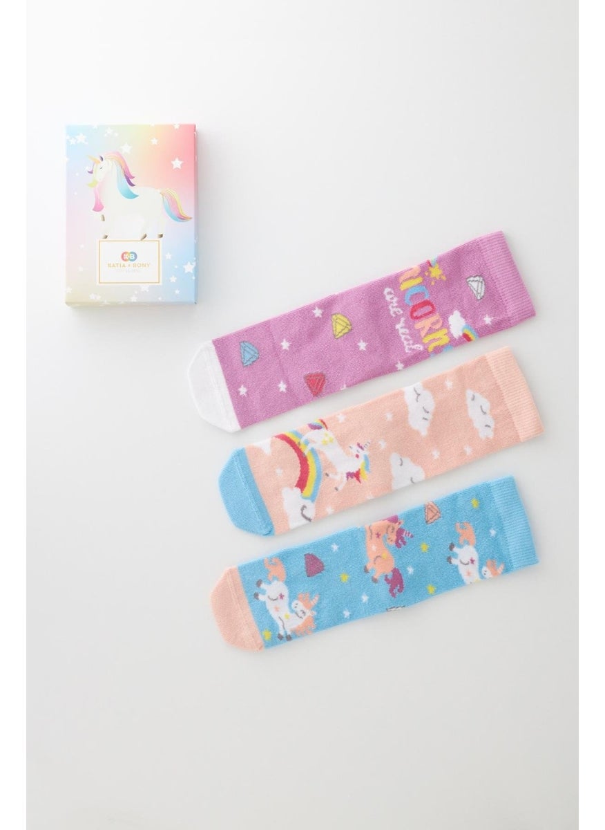 Girl's Unicorn Patterned 3-Piece Boxed Socks