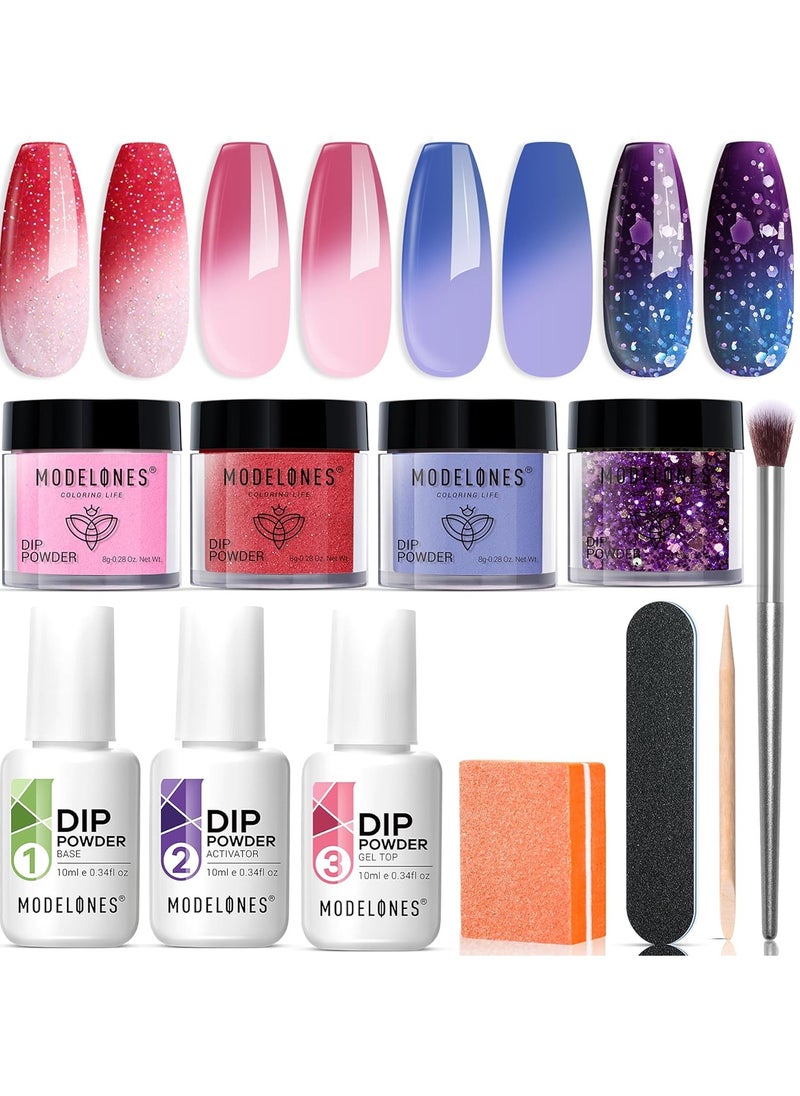 Modelones Dip Powder Nail Kit Starter, 4 Colors Dipping Powder Liquid Set with Base Top Coat Activator Nail Art Beginner DIY Salon