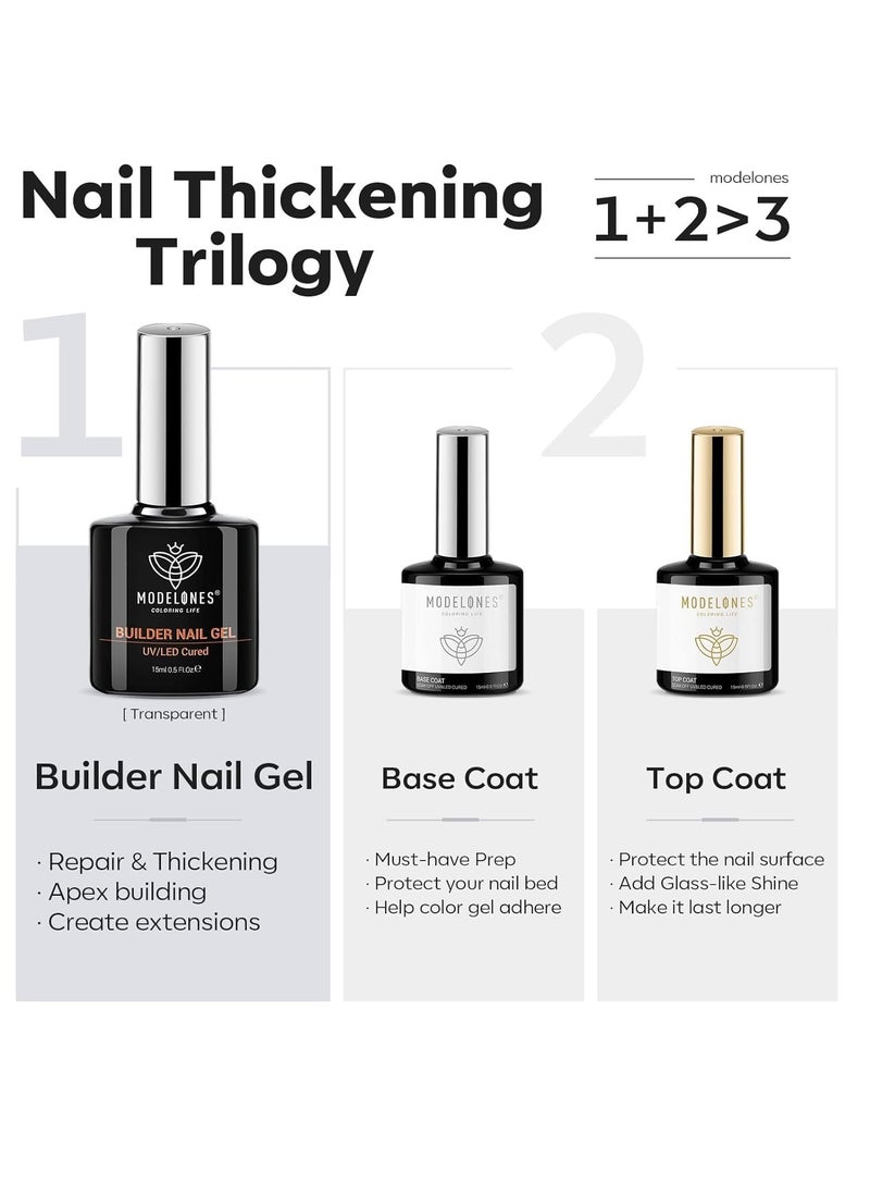 modelones Builder Nail Gel with Gel Top and Base Coat, 3Pcs Gel Nail Kit for Nail Thickening Apex Building Nail Extension Rhinestone Gel Nail Glue, LED Nail Lamp Cured