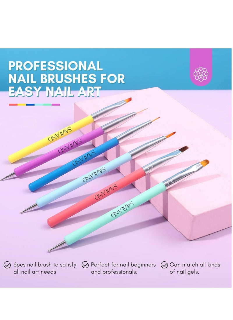 SAVILAND 6PCS Nail Art Brushes Set – Multifunctional Nail Brushes for Nail Art Nail Design Brush Gel Nail Brush for Nail Extension Nail Art Liner Brush 3 Sizes Dotting Tools for DIY