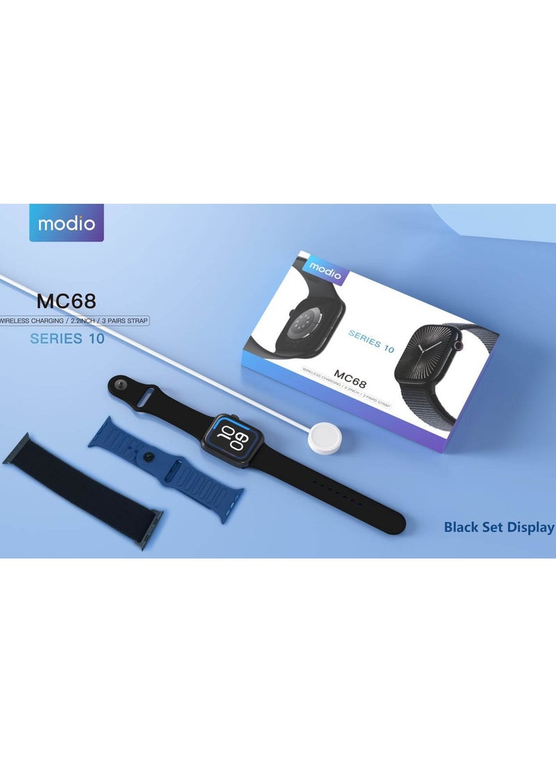 Modio MC68 Series 10 Smartwatch 2.2 Inch Large Screen Display With 3 Pair Straps and Charging Cable Designed for Ladies and Gents Black