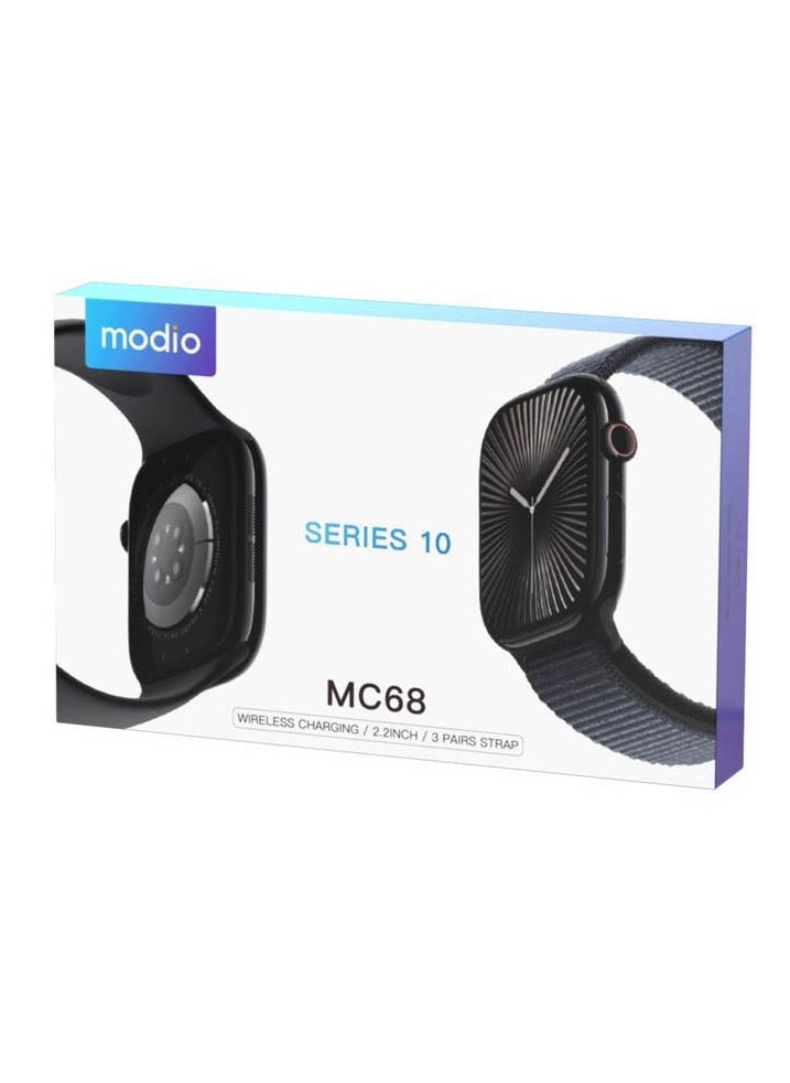 Modio MC68 Series 10 Smartwatch 2.2 Inch Large Screen Display With 3 Pair Straps and Charging Cable Designed for Ladies and Gents Black