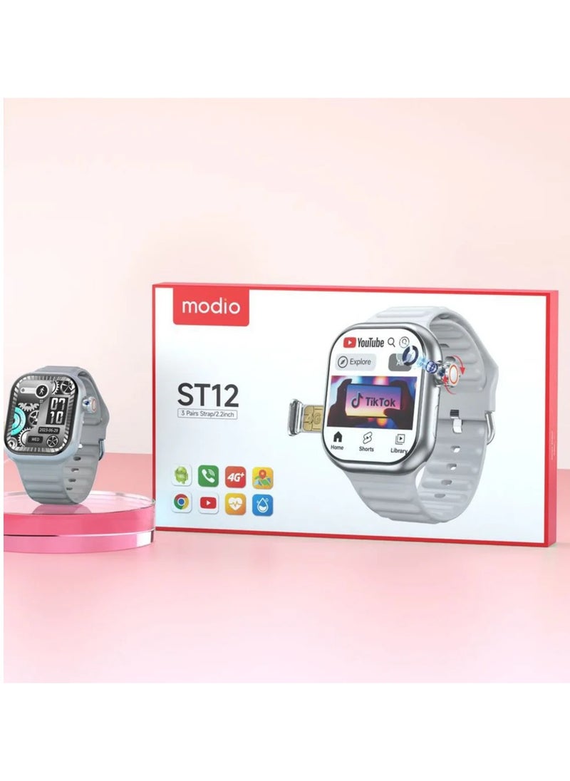 Modio ST12 Smart Watch in 4G Network, 3 Pairs Strap, 2.2 inch Smartwatch-Silver