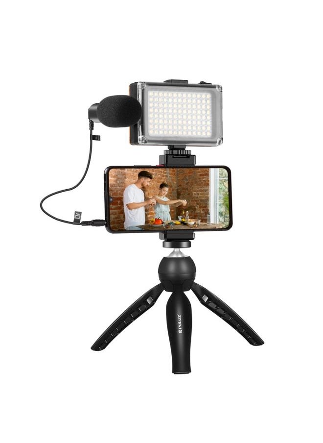 PULUZ Live Broadcast Smartphone Video Light Vlogger Kits with Microphone + LED Light + Tripod Mount + Phone Clamp Holder (Black)