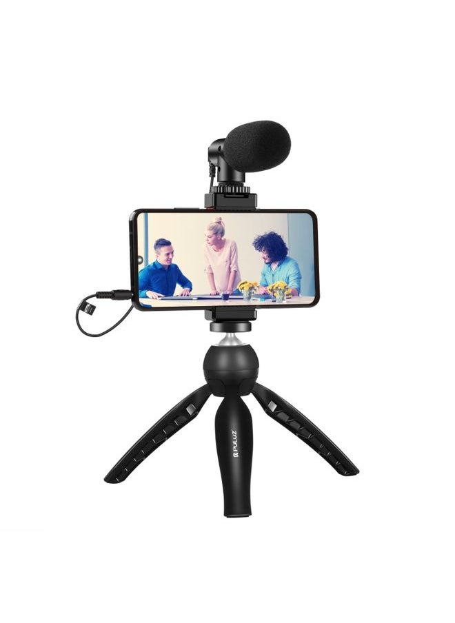 PULUZ Live Broadcast Smartphone Video Vlogger Kits Microphone + Tripod Mount + Phone Clamp Holder (Black)