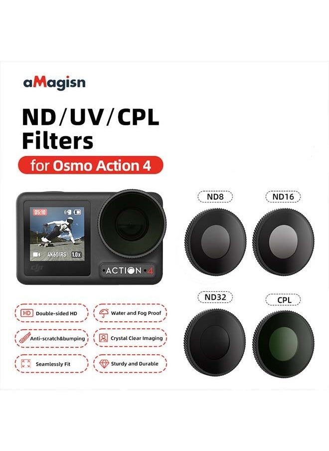 aMagisn Premium Waterproof ND, CPL and UV Filters for DJI Osmo Action 5 Pro/4 - Essential Lens Accessories (ND8 + 16 + 32 + CPL)