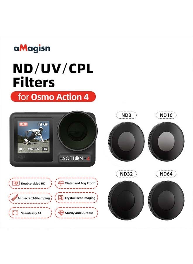 aMagisn Premium Waterproof ND and UV Filters for DJI Osmo Action 5 Pro/4 - Essential Lens Accessories (ND8 + 16 + 32 + 64)