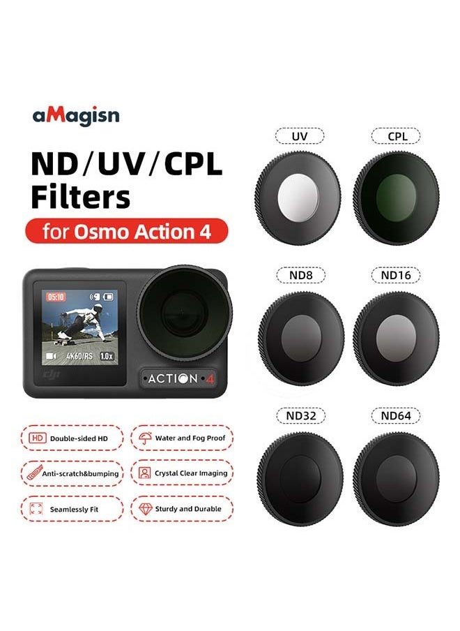 aMagisn Premium Waterproof ND, CPL and UV Filters Set for DJI Osmo Action 5 Pro/4 - Essential Lens Accessories (ND8 + 16 + 32 + 64 + CPL + UV)