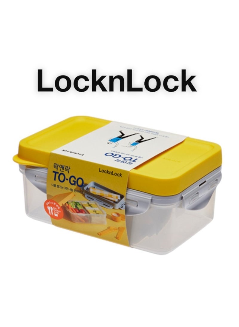 LocknLock To Go 3-in-1 Lunchbox (Yellow) - BPA-Free, Airtight Container with Cutlery for On-the-Go Meals