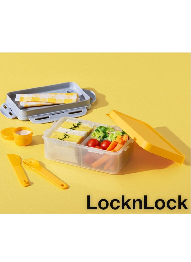 LocknLock To Go 3-in-1 Lunchbox (Yellow) - BPA-Free, Airtight Container with Cutlery for On-the-Go Meals