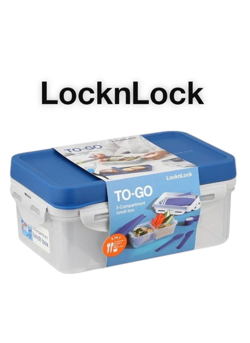 LocknLock To Go 3-in-1 Lunchbox (Blue) - BPA-Free, Airtight Container with Cutlery for On-the-Go Meals