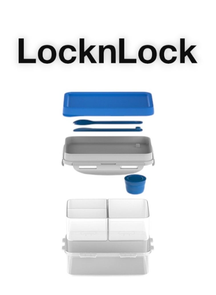 LocknLock To Go 3-in-1 Lunchbox (Blue) - BPA-Free, Airtight Container with Cutlery for On-the-Go Meals