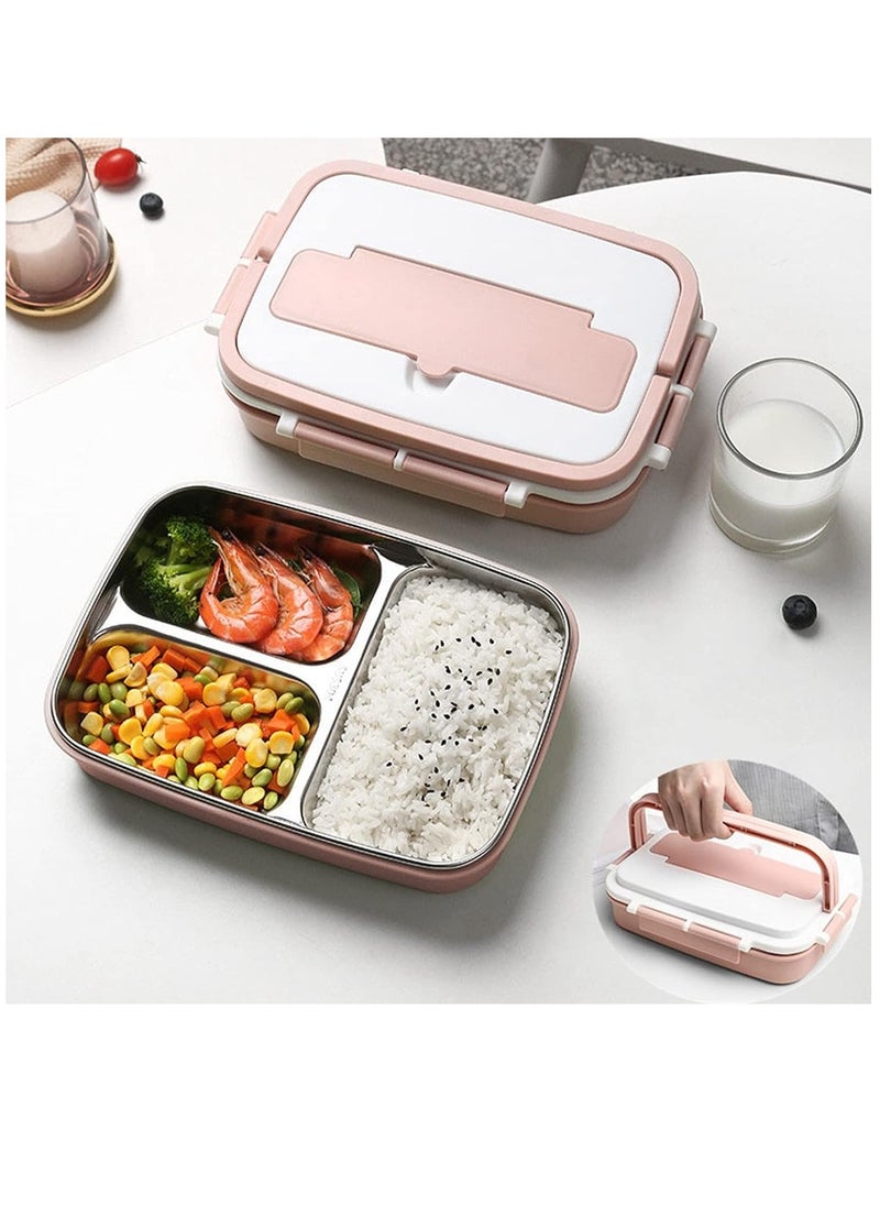 Bento Box, Portable Stainless Steel 3 Dividers Lunch Box, 4 Piece Lock, Fluffy and Ply, Chopsticks Holder, Storage Box, Impact Resistant, Easy to Carry, Men, Women, Children, Rice Container