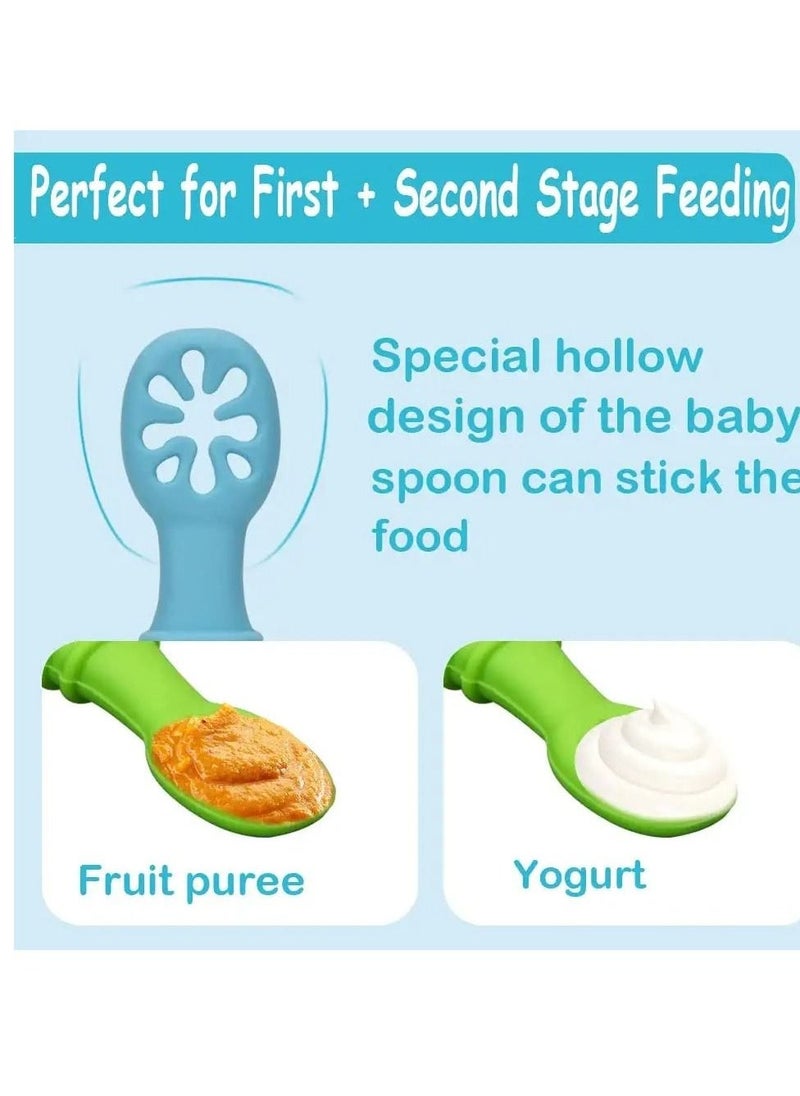 Baby Spoons, Self-feeding Toddler Utensils, First + Second Stage Toddler Utensils - Baby Led Weaning Spoons - 100% Food Grade Silicone Training Spoons, Best Self Feeding, 6 Months+