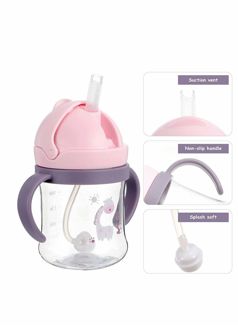 Toddler Sippy Cups 250ML, 360° Leak-Proof Weighted Straw with Handle, Soft Spout Learner Cup, Anti-Choking Design, Drop-Resistant Water Bottle (Pink)