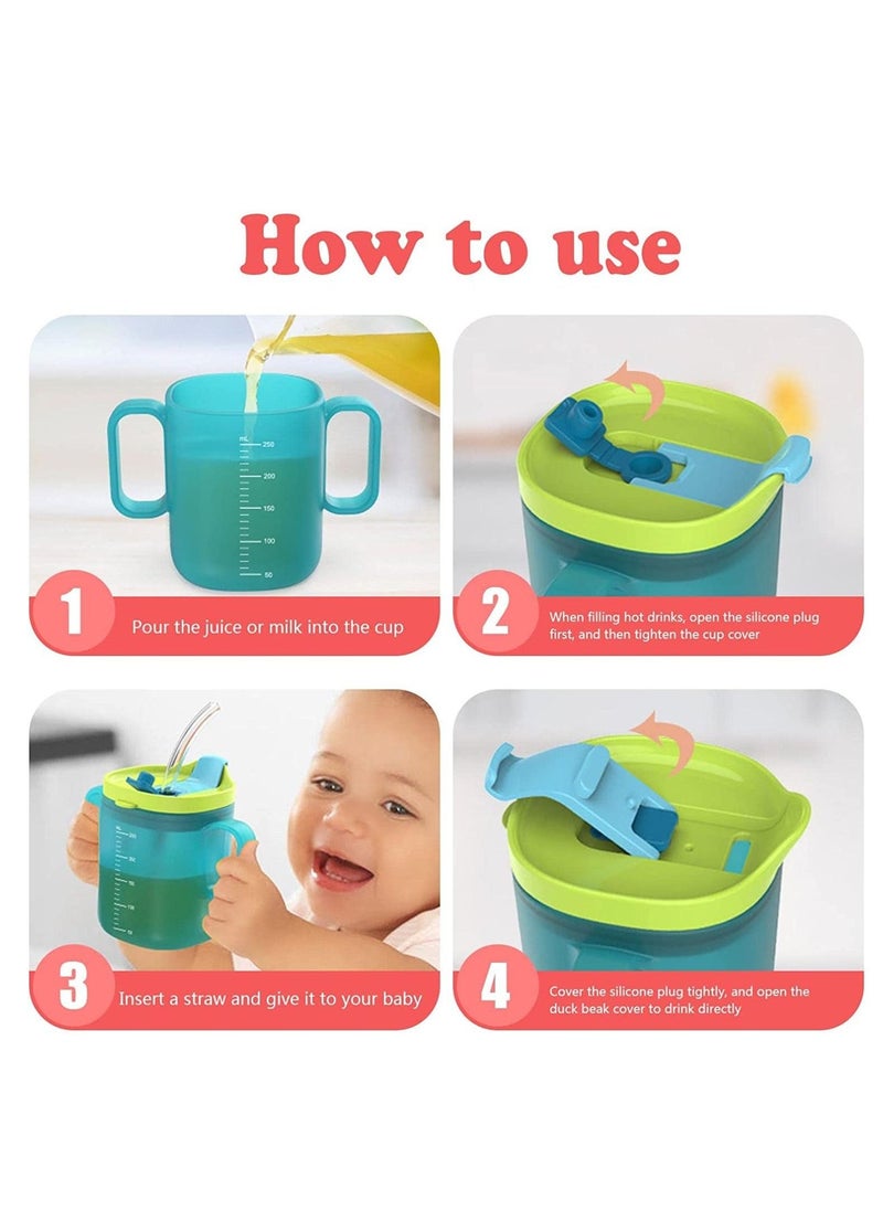 Toddler Sippy Cups Drinks Water Bottles Trainer Cup with Handles Spill-proof for Toddlers 6 Months+ Children's Milk Scale Children Portable Reusable (Green 250ml)