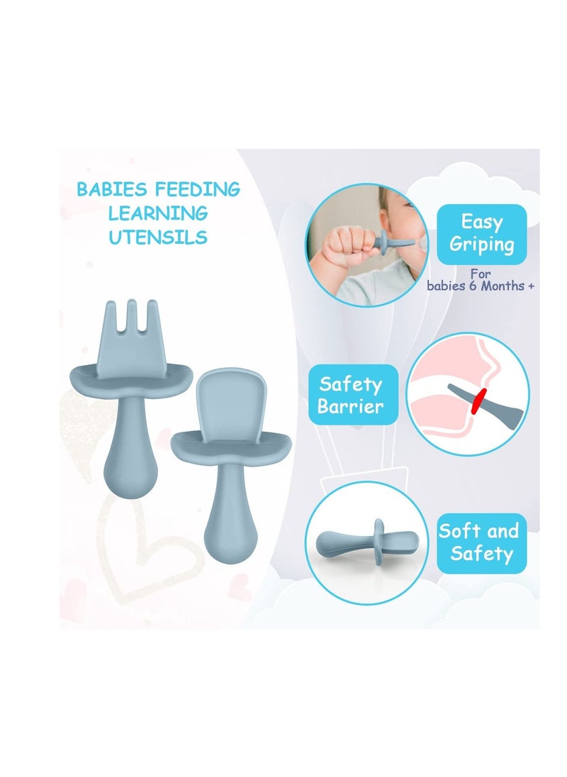 Baby Fork and Spoon Set, 4Pcs Infant Silicone Self Feeding Utensil Easy Grip Toddler Cutlery Kit, Baby Weaning and Feeding Spoons for Infant Toddler Children First Led Training Weaning