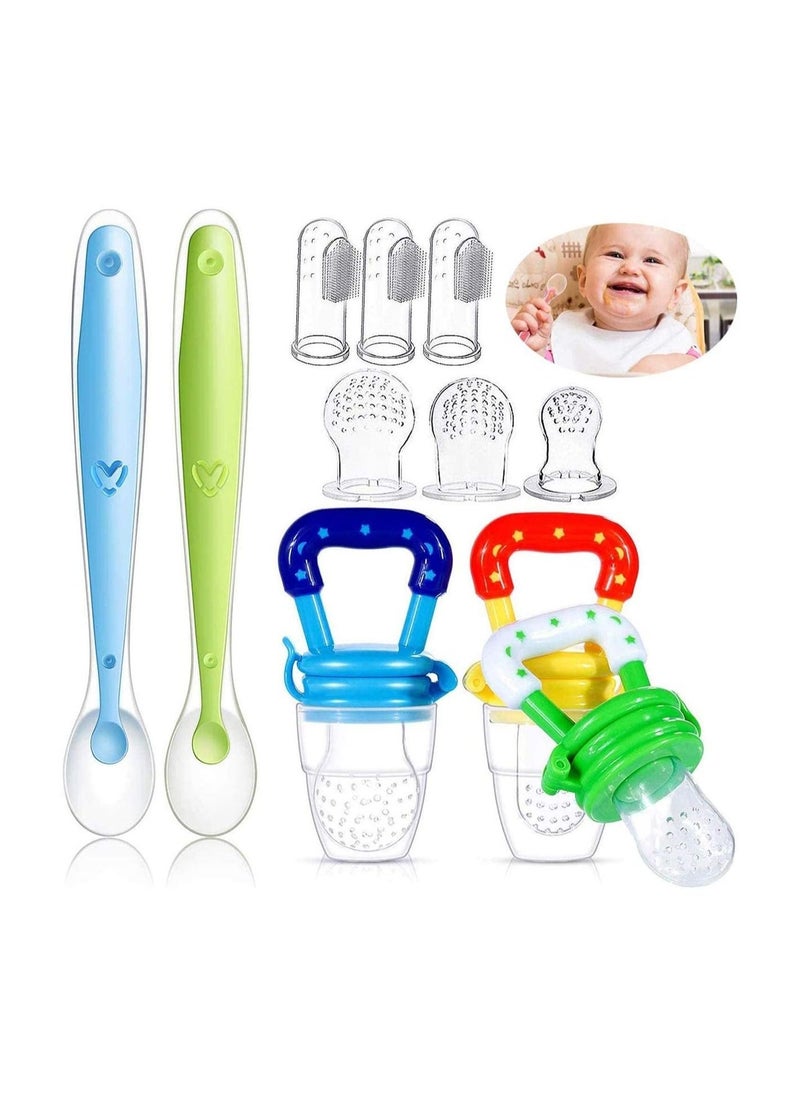 11 Pack Baby Food Fresh Fruit Feeder Pacifier Set: Including 2*Baby Feeding Spoons 3*Pacifier Feeder Teething Toys for Baby 3*Baby Finger Toothbrushes and 3*Pacifier Clips