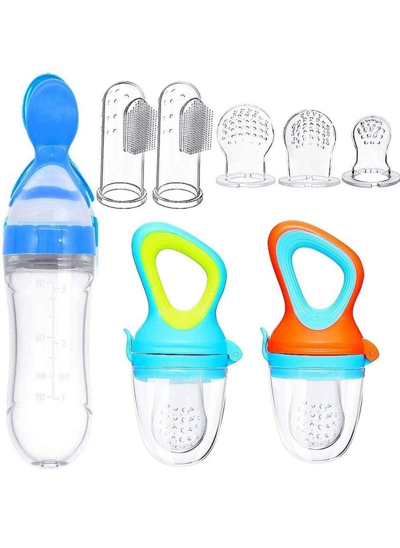 Baby Food Feeder Fresh Food Feeder Pacifier 3 Different Sized Silicone Teething Pacifiers 1 Pack Baby Food Dispensing Spoon 2 Pack Baby Finger Toothbrush Baby Feeders Silicone(Blue)