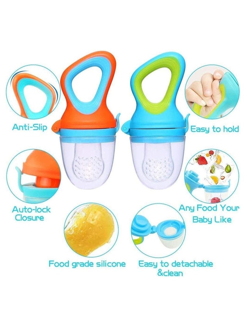 Baby Food Feeder Fresh Food Feeder Pacifier 3 Different Sized Silicone Teething Pacifiers 1 Pack Baby Food Dispensing Spoon 2 Pack Baby Finger Toothbrush Baby Feeders Silicone(Blue)