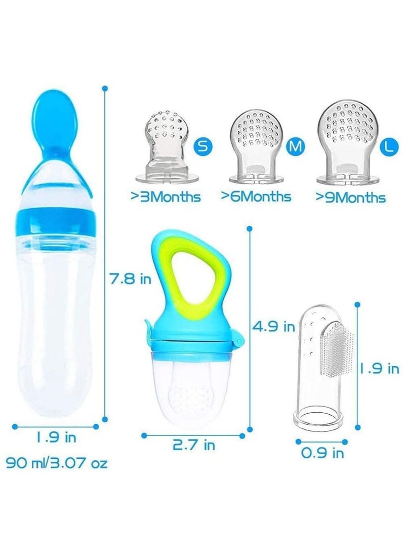 Baby Food Feeder Fresh Food Feeder Pacifier 3 Different Sized Silicone Teething Pacifiers 1 Pack Baby Food Dispensing Spoon 2 Pack Baby Finger Toothbrush Baby Feeders Silicone(Blue)