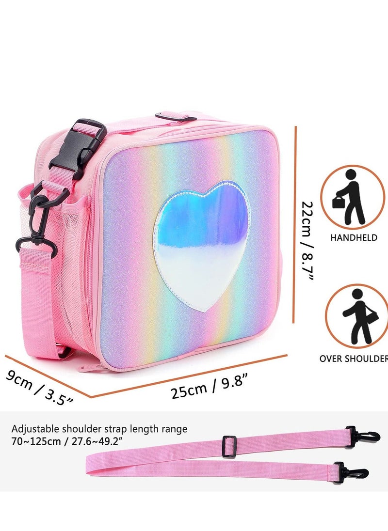 Children Lunch Box Rainbow Laser Tote Leakproof Insulated Lunch Bag Reusable Insulated Bento Bag Picnic Ice Bag Girls Simple Shoulder Bag for School and Outdoor Backpack (Pink)