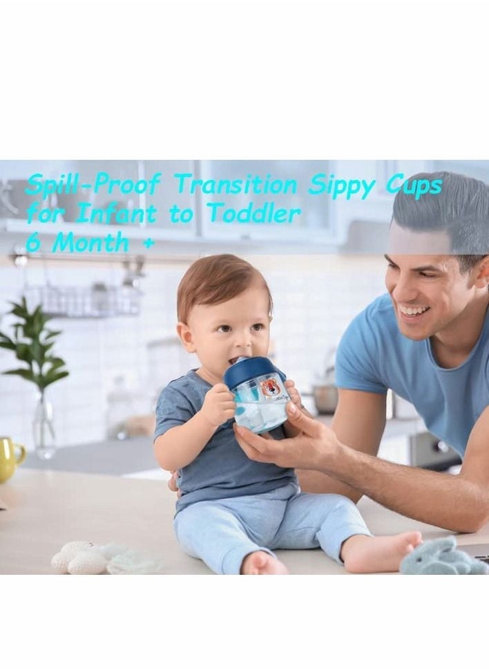 Sippy Cups for Baby 6+ Months, 180ML Toddler Baby Bottles, Spill-Proof Transition Learner Cups for Infant Toddler 6-24 Month, Clear Scale Trainer Cup with Weighted Straw Cover (Blue Tiger)