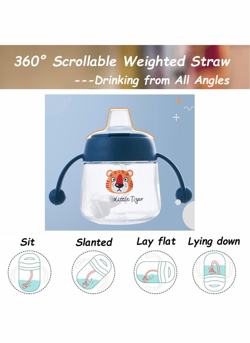 Sippy Cups for Baby 6+ Months, 180ML Toddler Baby Bottles, Spill-Proof Transition Learner Cups for Infant Toddler 6-24 Month, Clear Scale Trainer Cup with Weighted Straw Cover (Blue Tiger)