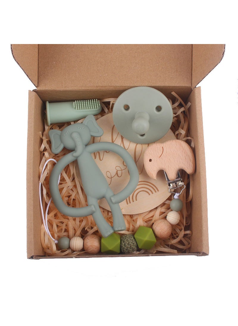 Newborn Cartoon Star Pacifier Chain and Teether Toy Set Sage Green Elephant five-piece set