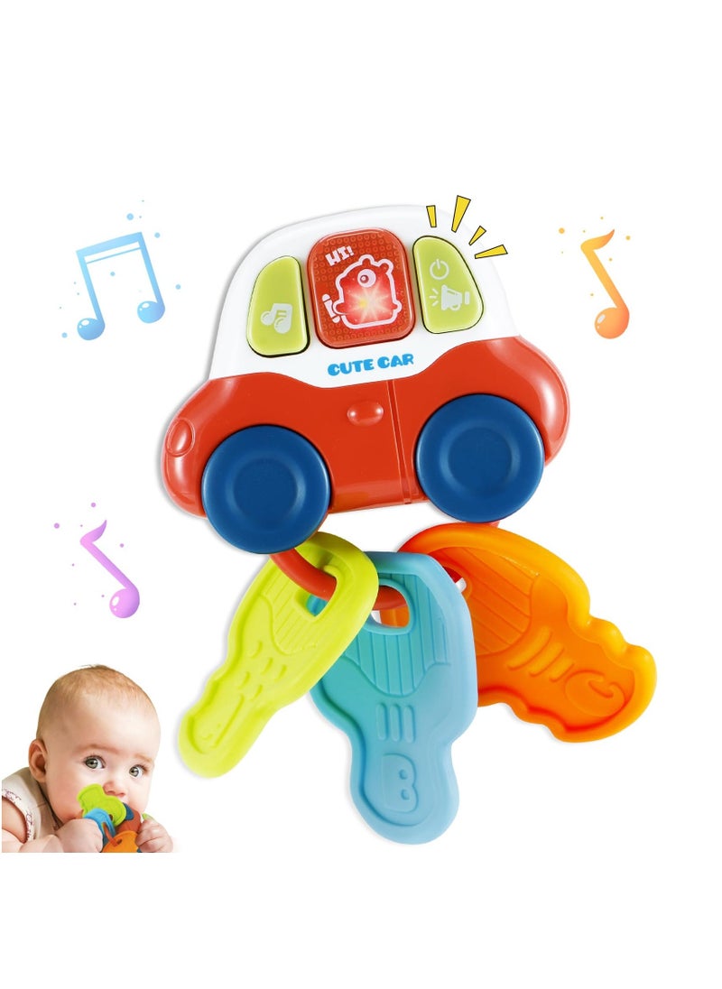 Baby Sensory Teething Toys Toddler Sensory Learning Car Key Teether Toy with Music and Light Silicone Teethers for Babies Rattling Teething Relief Musical Baby Toys 0-18 Months for Travel BPA Free