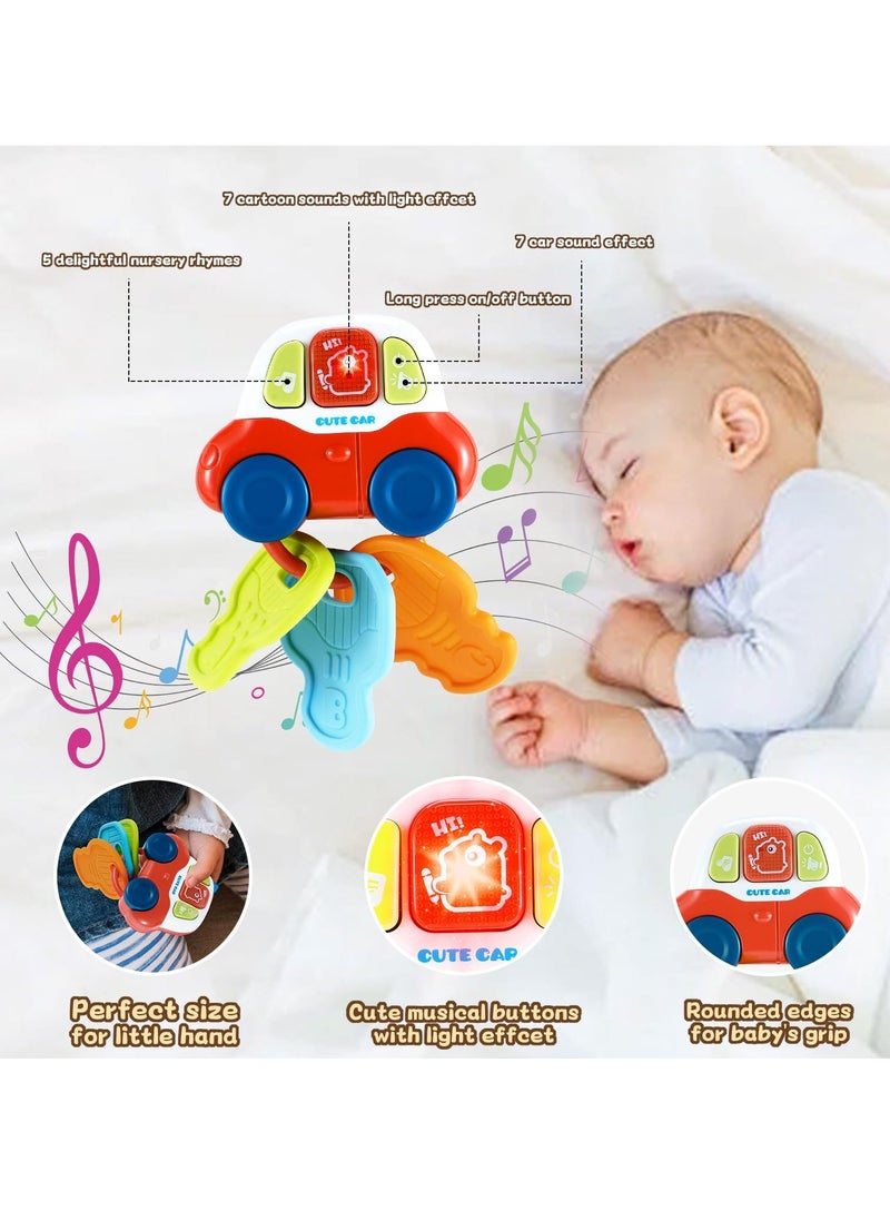 Baby Sensory Teething Toys Toddler Sensory Learning Car Key Teether Toy with Music and Light Silicone Teethers for Babies Rattling Teething Relief Musical Baby Toys 0-18 Months for Travel BPA Free