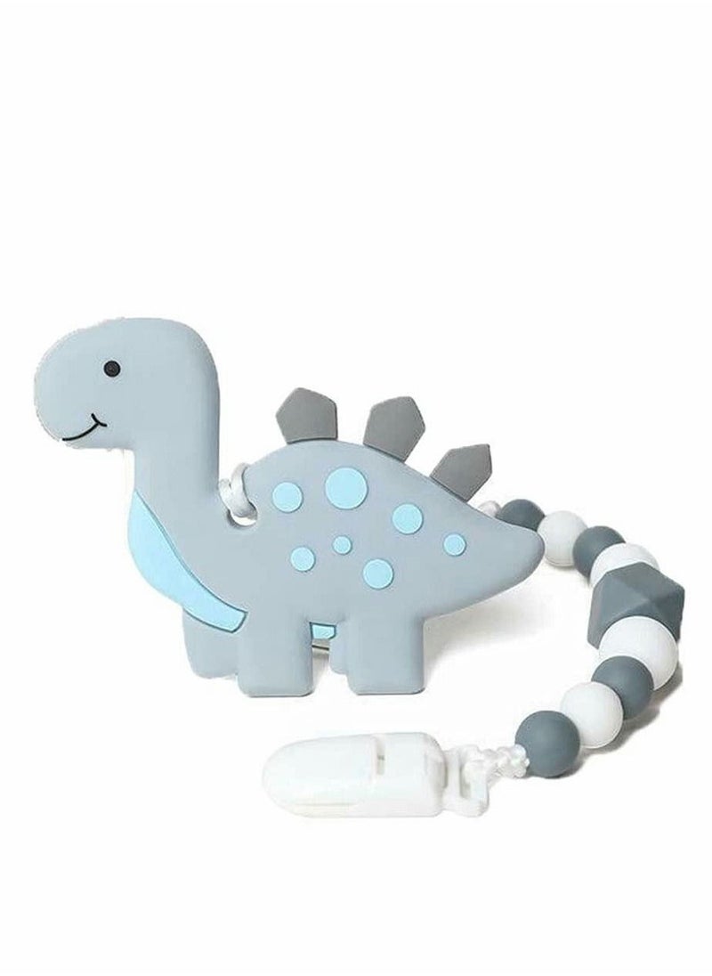 Baby Teething Toys, Dinosaur Teether Pain Relief Toy with Pacifier Clip Holder Set for Newborn Babies, Freezer Safe Neutral Shower Gift, Soft & Textured Stocking Stuffers for Boy and Girl