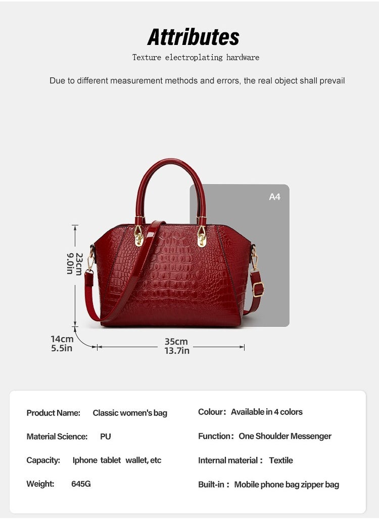 Solid Color High-end Shoulder Bag Large Capacity Crocodile Pattern Crossbody Bag New Handbag European And American Trendy Women's Bag