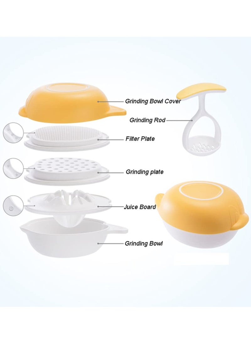 Baby Food Supplement Grinder Set of Six - Multifunctional Layered Design, Manual Baby Puree Cooking Tool, 370ml Grinding Bowl for Fruits & Vegetables, Portable Baby Food Masher with Juice Filter - Cartoon Yellow