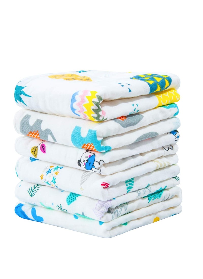 NTBAY 6 Pack Baby Muslin Washcloths, 6 Layers Natural Cotton Newborn Baby Face Towel with Animals Printed Design, Soft and Breathable Reusable Wipes and Shower Gift for Baby Registry, 10x10 inches