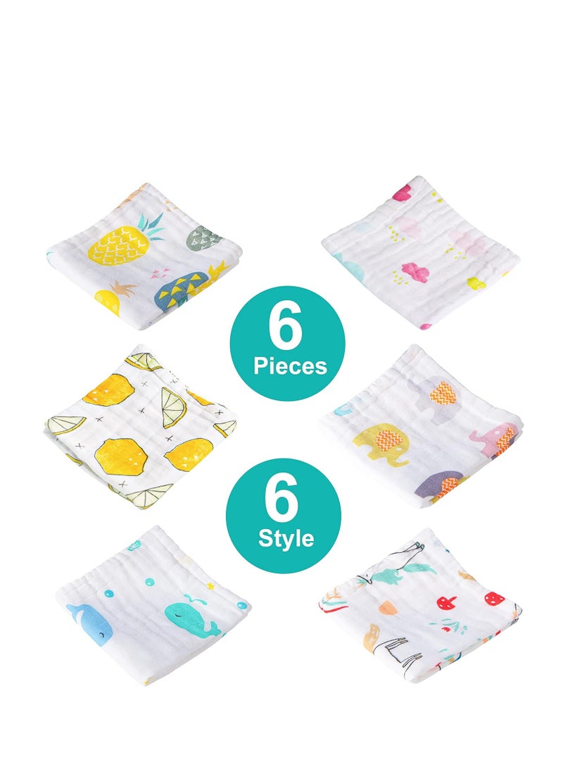 NTBAY 6 Pack Baby Muslin Washcloths, 6 Layers Natural Cotton Newborn Baby Face Towel with Animals Printed Design, Soft and Breathable Reusable Wipes and Shower Gift for Baby Registry, 10x10 inches