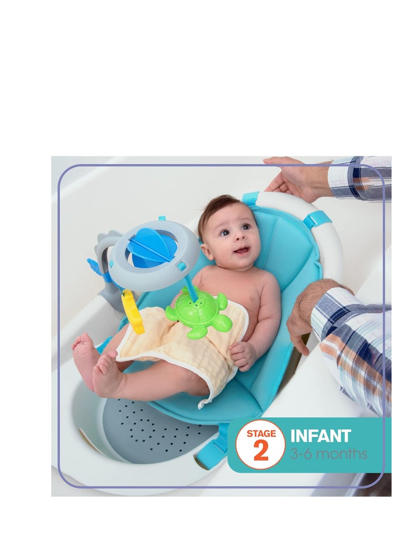 Summer Infant Gentle Support Multi-Stage Tub with Toys - for Ages 0-24 Months - Includes Soft Support, Toy bar and Bath Toys, A Hook for Storage and Dying, and A Drain Plug, White/Blue, One Size