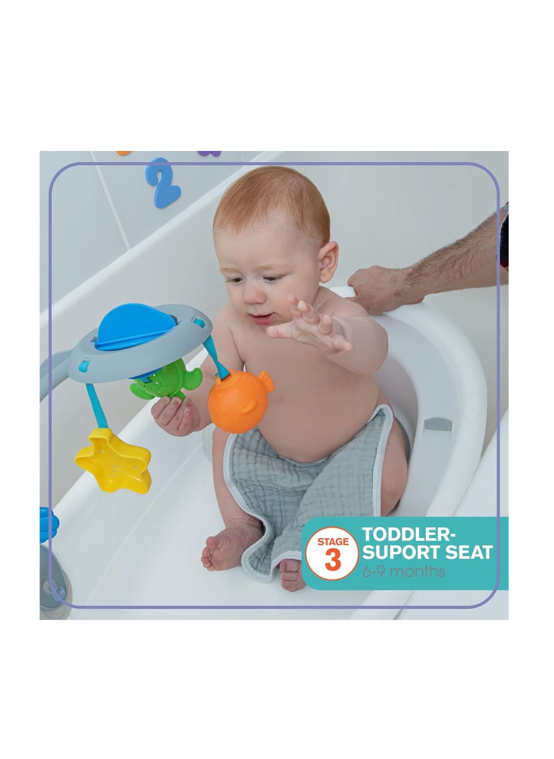 Summer Infant Gentle Support Multi-Stage Tub with Toys - for Ages 0-24 Months - Includes Soft Support, Toy bar and Bath Toys, A Hook for Storage and Dying, and A Drain Plug, White/Blue, One Size