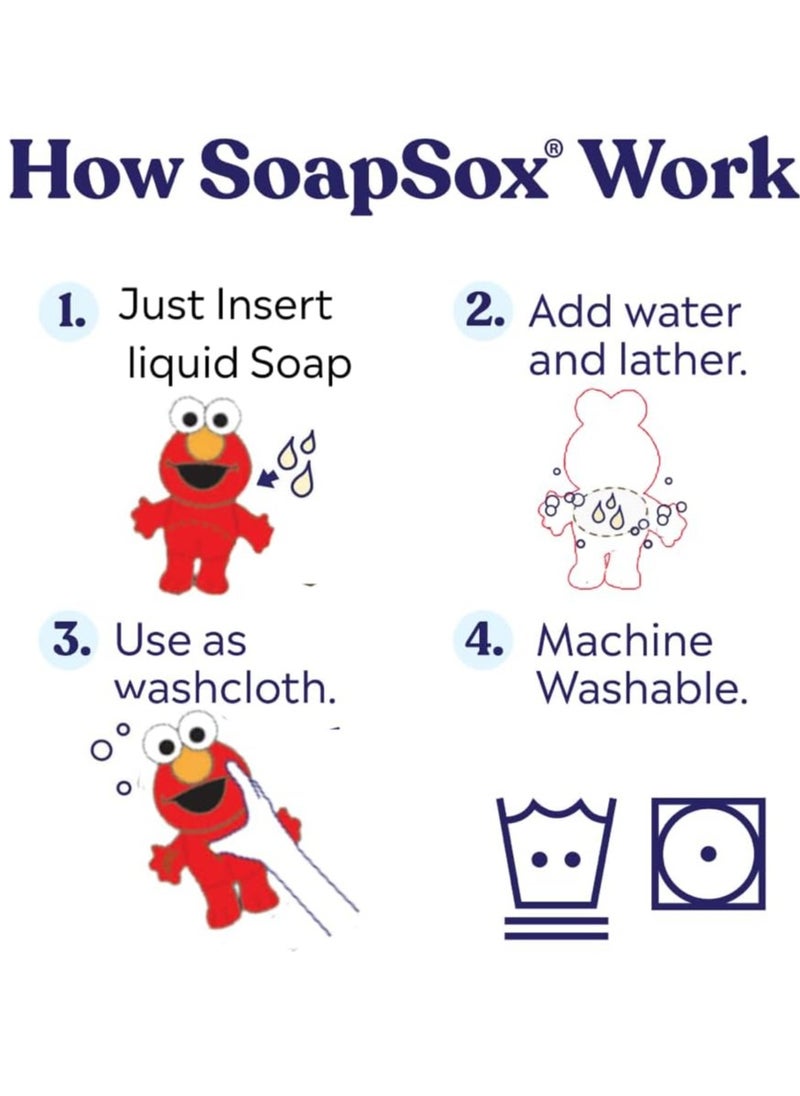 SoapSox Kids Exfoliating Bath Scrub (Elmo Sesame Street) - Soft Animal Toy Wash Cloth Sponge with Soap Pocket Insert - Fun Loofah Characters for Babies, Kids and Children