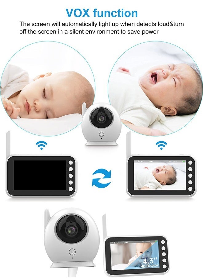 Baby Monitor with Camera Audio 4.3 Inch Display 360° Rotation Range 8 Lullaby Monitor for Babies and Elderly